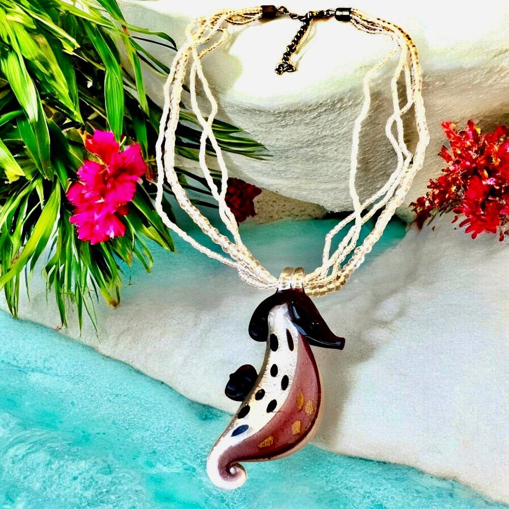 Seahorse Art Glass Pendant with Multi-strand Beaded Necklace Beach Sea - Picture 2 of 12